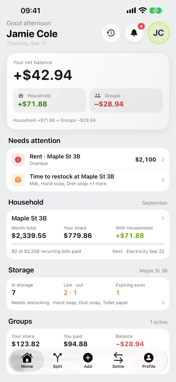 Chiipin's home screen: a net balance of +$77, with rent, electricity and internet listed by due date.